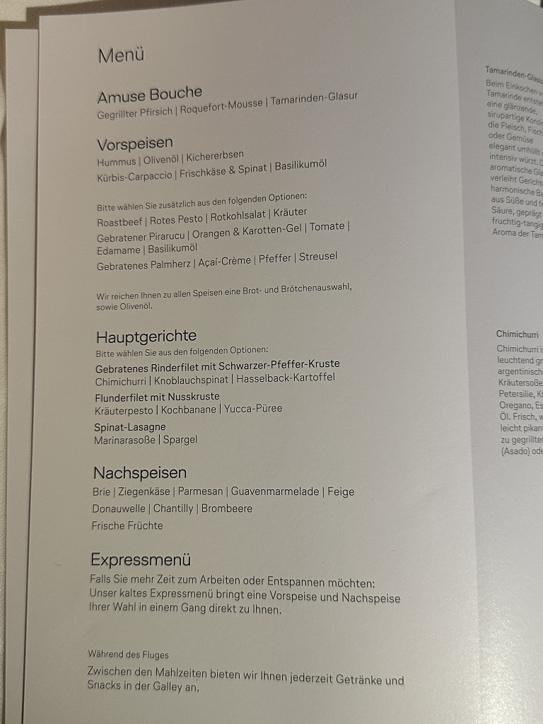 Menükarte in der Lufthansa Business Class von Rio nach Frankfurt