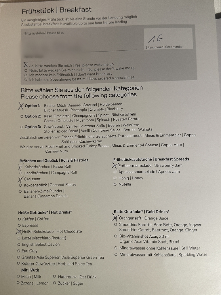 Frühstückskarte in der Lufthansa Business Class von Rio nach Frankfurt