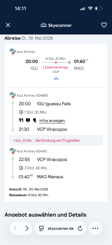 Letzte Möglichkeit heute noch nach Manaus zu kommen