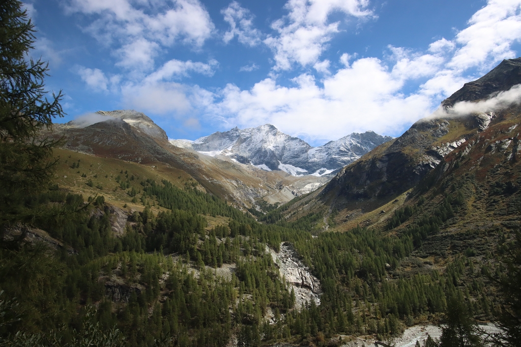 Bishorn ( 4.149 m ü. M, schneebedecktes Plateau links außen), Weisshorn (4.506 m.ü.M, Gipfel in der Mitte) Schalihorn (3.975 m.ü.M, Gipfel rechts außen)