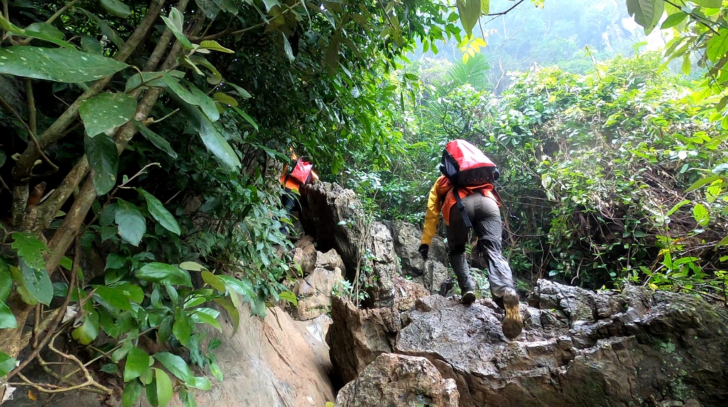 Über scharfkantige Felsen geht es hinein in den Dschungel