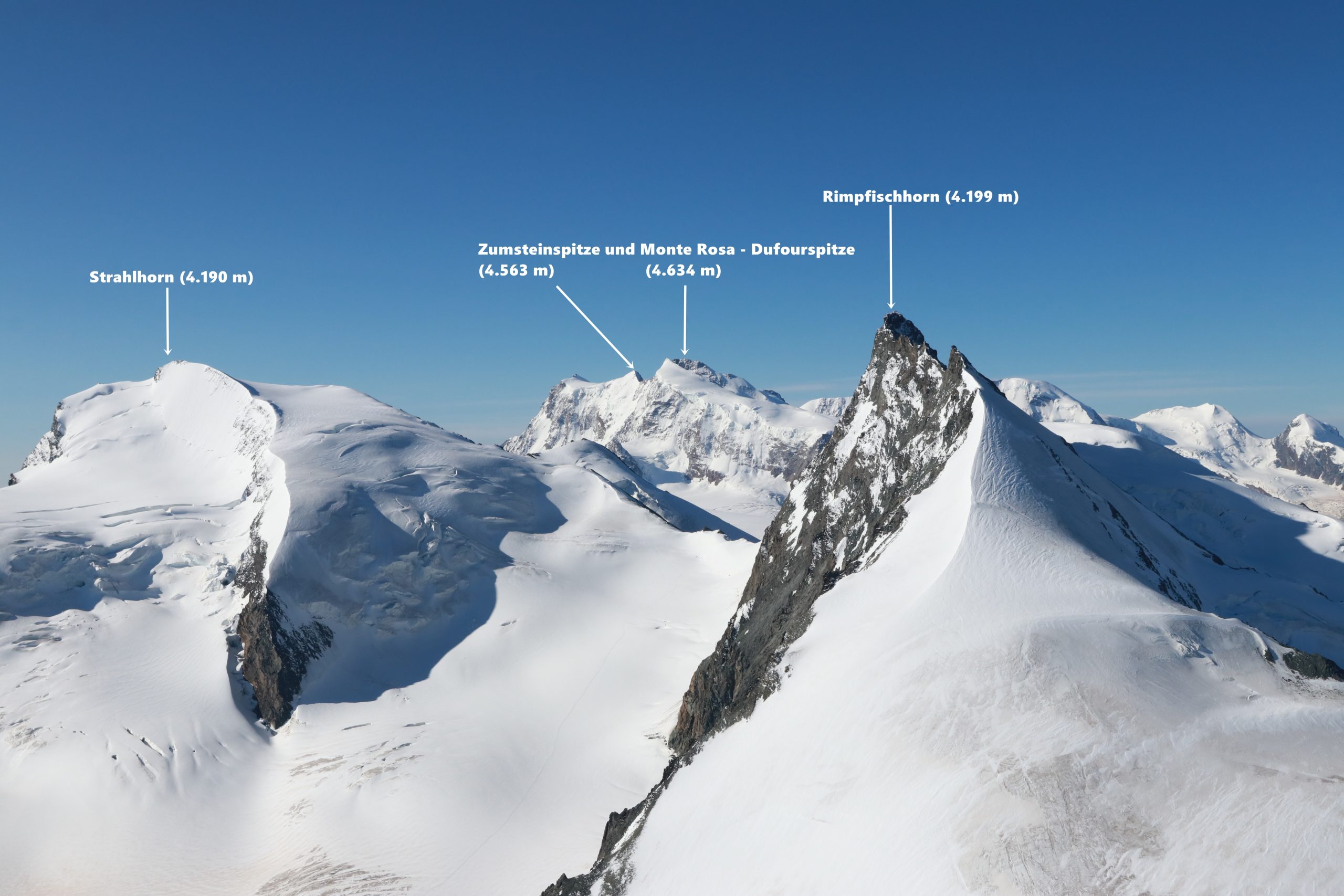 Blick auf Strahlhorn, Zumsteinspitze, Dufourspitze und Rimpfischhorn